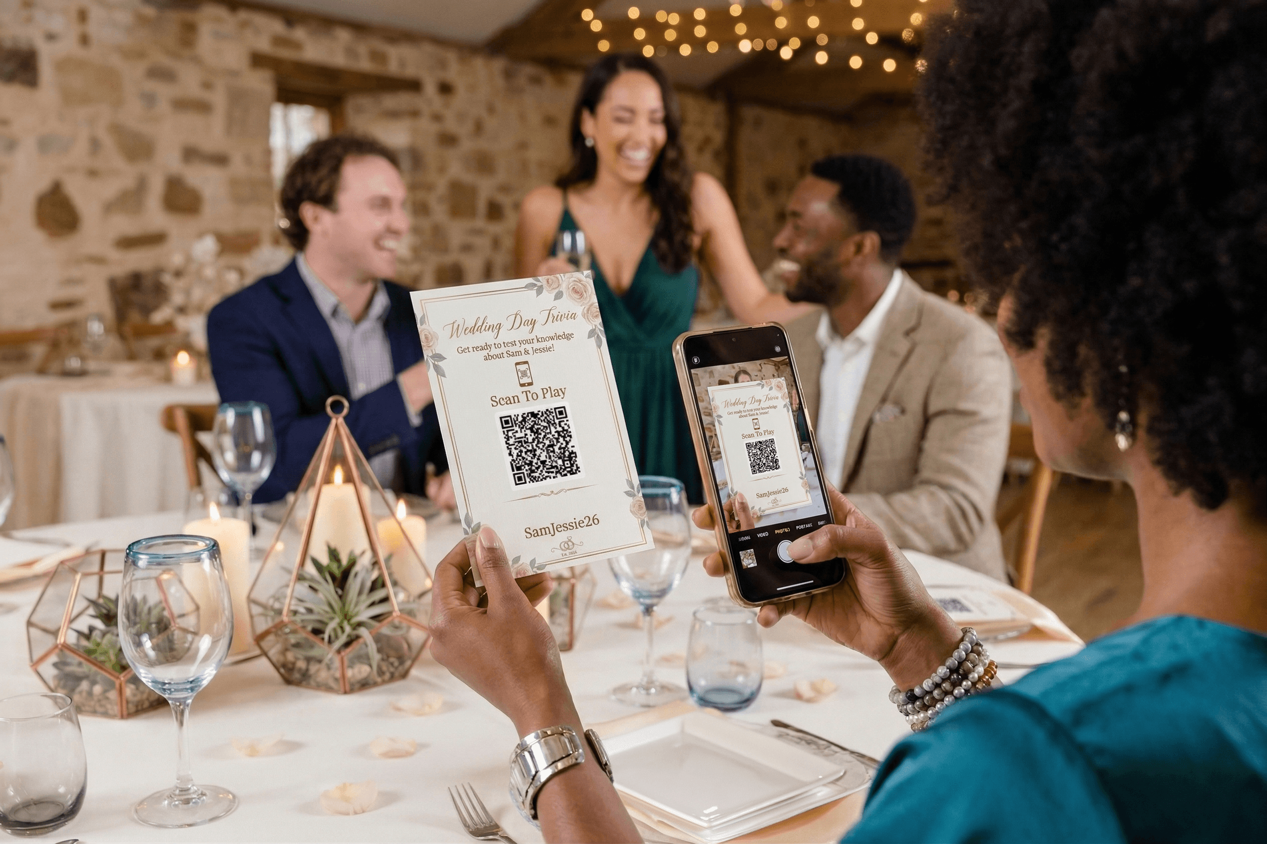 Guest holding phone showing trivia question with wedding background