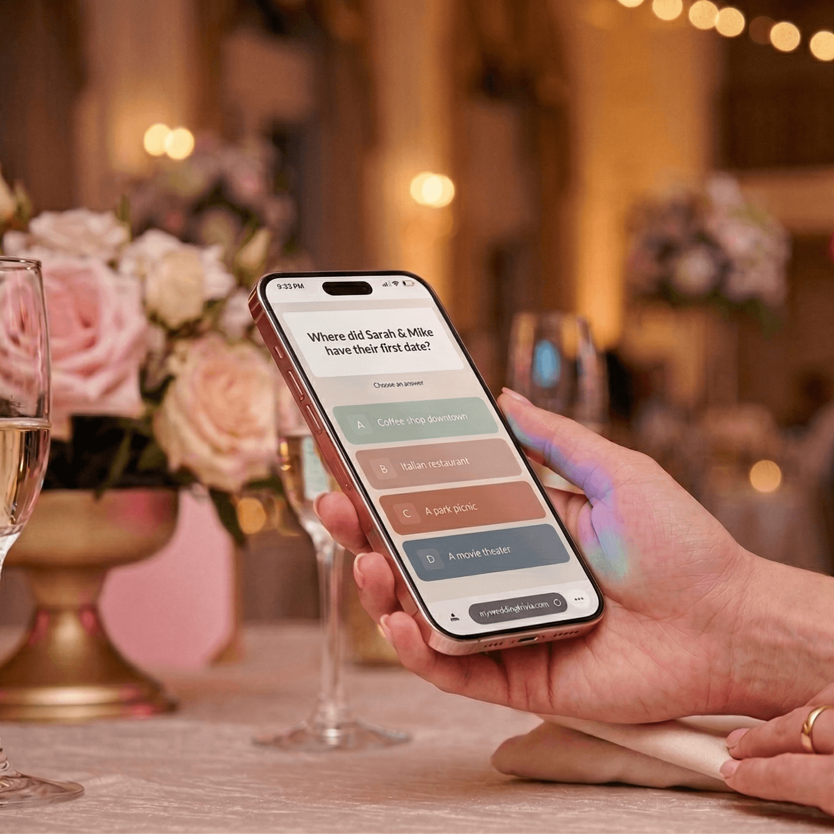 Guests playing live wedding trivia on their phones