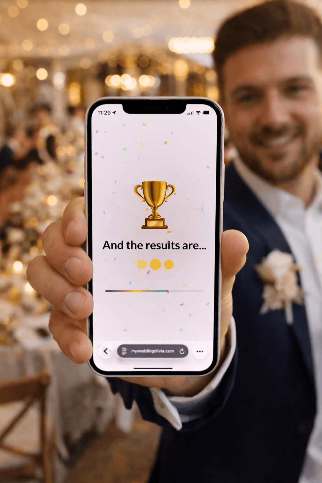 Guest winning wedding trivia on their phone